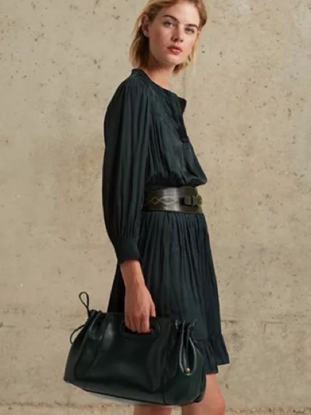 Gerard Darel Johan Smocked Trim Dark Green Dress Size 6